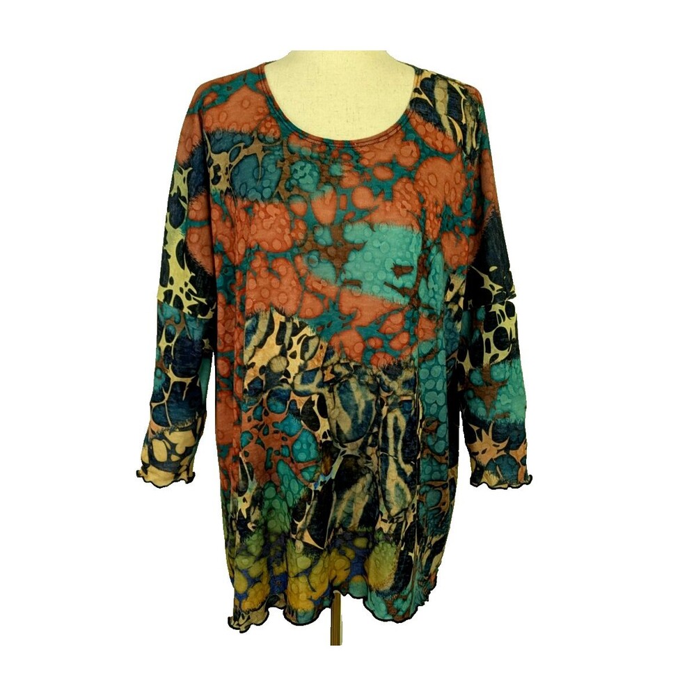 Amma Design Women's Plus M Tie Dye Print Scallop Hem Oversized Tunic Top